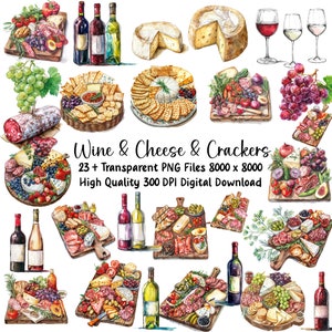 Imágenes prediseñadas de queso y galletas de vino, tableros de charcutería de acuarela, descarga instantánea, archivos PNG, uso comercial