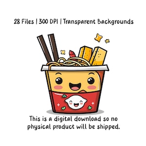 May include: A cartoon illustration of a red and yellow cup of noodles with chopsticks, a happy face, and the text "28 Files | 300 DPI | Transparent Backgrounds".