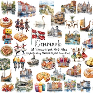 Aquarell Dänemark Clipart, Reise Clipart, dänische Kultur Clipart, Kopenhagen Grafiken, PNG-Bilder, Scrapbooks, Journal, Grußkarten