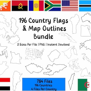 Puede incluir: Una imagen que presenta 196 banderas de países y contornos de mapas. La imagen incluye una variedad de banderas de diferentes naciones, junto con los contornos de mapas correspondientes. El texto dice "196 Country Flags & Map Outlines Bundle" y "784 Files".