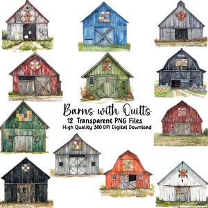 Watercolor Barns with Quilts Clipart: Farmhouse PNG Images (Commercial Use)
