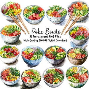 Poke Bowls Clipart - aquarelle plat hawaïen, art de la cuisine, alimentation saine, journaux indésirables, menu, fichiers PNG transparents, usage Commercial