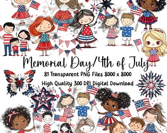 Patriotic Kids Clipart Bundle: July 4th & Memorial Day PNGs (Commercial License)