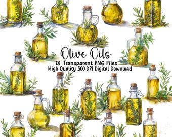 Clipart de aceite de oliva en acuarela: Ilustraciones de botellas (PNG, descarga digital)