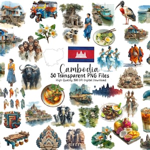 Watercolor Cambodia Clipart: Angkor Wat, Dancers, Landmarks (PNG Digital Download)