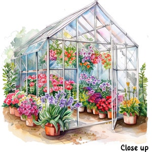 Pu&ograve; includere: Una serra bianca piena di fiori colorati. La serra ha un tetto e pareti di vetro, e la porta &egrave; aperta. Ci sono molti tipi diversi di fiori nella serra, tra cui fiori rosa, viola, rossi e gialli.