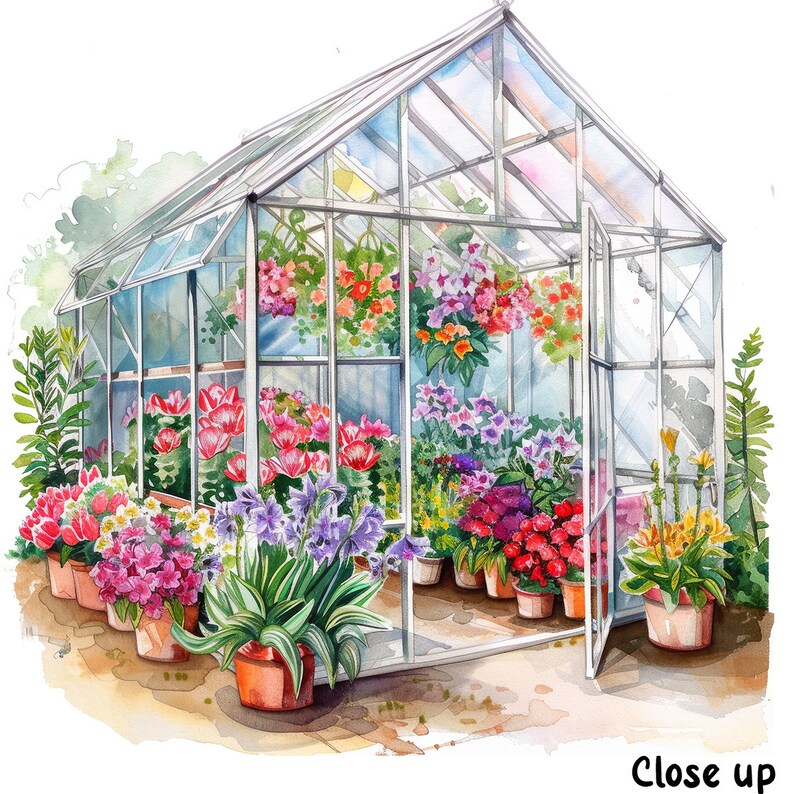 Pu&ograve; includere: Una serra bianca piena di fiori colorati. La serra ha un tetto e pareti di vetro, e la porta &egrave; aperta. Ci sono molti tipi diversi di fiori nella serra, tra cui fiori rosa, viola, rossi e gialli.