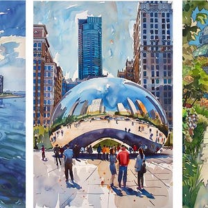 May include: Watercolor triptych depicting Chicago landmarks. The first panel shows the skyline along the lakefront. The second features the Cloud Gate sculpture. The third panel showcases a conservatory and gardens.