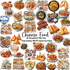 Clipart de comida chinesa, aquarela China, arte de cozinha, rolinhos de ovo, diários, menus, convites, culinária chinesa, comida étnica, convite