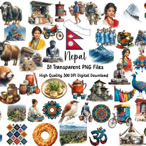 May include: A collection of 51 transparent PNG files featuring watercolor illustrations of Nepal. The images include a snow leopard, yak, Buddha statue, mountains, and traditional food. The word "Nepal" is written in the center of the image.