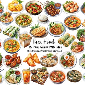 Clipart de comida tailandesa, comida em aquarela, arte de menu, PNG transparente, download instantâneo