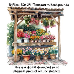 Pu&ograve; includere: Un dipinto ad acquerello di un chiosco di fiori con un tetto e scaffali in legno. Il chiosco &egrave; pieno di diversi tipi di fiori in vaso, tra cui fiori rosa, bianchi e gialli. Il chiosco si trova su un vialetto di mattoni.