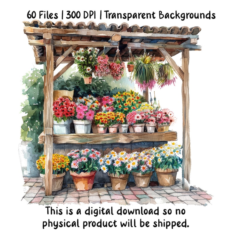 Pu&ograve; includere: Un dipinto ad acquerello di un chiosco di fiori con un tetto e scaffali in legno. Il chiosco &egrave; pieno di diversi tipi di fiori in vaso, tra cui fiori rosa, bianchi e gialli. Il chiosco si trova su un vialetto di mattoni.