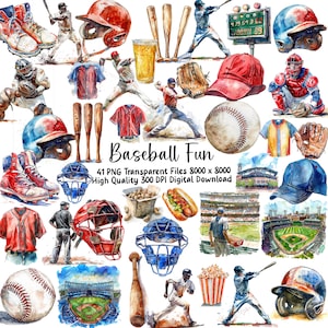 Pacchetto di clipart di baseball - ClipArt di sport dell'acquerello, adesivi per il giorno della partita, PNG di baseball, softball, regalo per gli amanti dello sport, uso commerciale