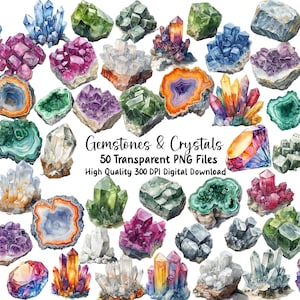 Pierres précieuses et cristaux Clipart, aquarelle roches et minéraux, géodes, éléments, usage commercial, clipart numérique PNG