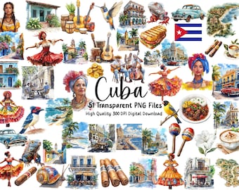 Watercolor Cuba Clipart: Havana Landmarks, Cuban Culture (PNG Files)