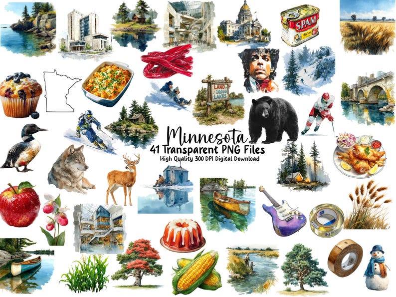 Minnesota Clipart: State Map, Landmarks & Symbols (digital Download PNG ...