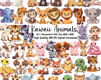 Kawaii Animal Clipart Bundle, PNG Graphics, Commercial Use (Digital Download)