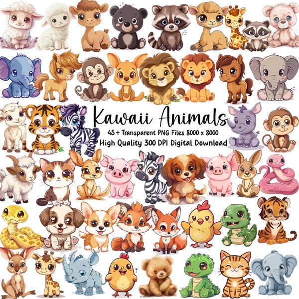 Cute Animal Clipart, Kawaii Animal Bundle, PNG, Commerial Use, Instant Download