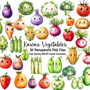 Clipart di verdure kawaii / Grafica PNG digitale carina / Illustrazioni di cibo kawaii adorabili per adesivi, agende, scrapbooking e altro