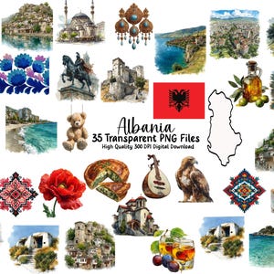 Può includere: Una raccolta di 35 file PNG trasparenti con illustrazioni ad acquerello dell'Albania. Include immagini di ciliegie, edifici, una moschea, gioielli, una bandiera, una mappa, cibo, un orsacchiotto e altro. Il testo "Albania" è visibile.