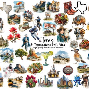 Texas Clipart Bundle: Cowboy, Longhorn, State Map (Digital Download PNGs)