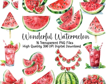Watercolor Watermelon Clipart, Summer Fruit Graphics, Invitations, Junk Journal, Scrapbooking, PNG Files, Instant Download