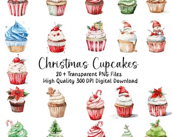 Christmas Cupcake Clipart, Holiday Cupcakes, PNG Cupcakes, Instant Download