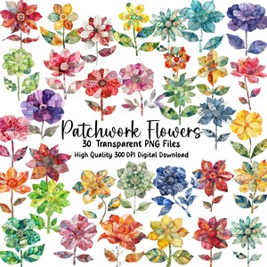 May include: A set of 30 digital clipart images of patchwork flowers in various colors. The flowers are all in a watercolor style and have a unique, handmade look. The images are high quality and 300 DPI.