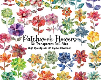 Patchwork Flowers Clipart: Floral PNG Files for Scrapbooking (Digital Download)