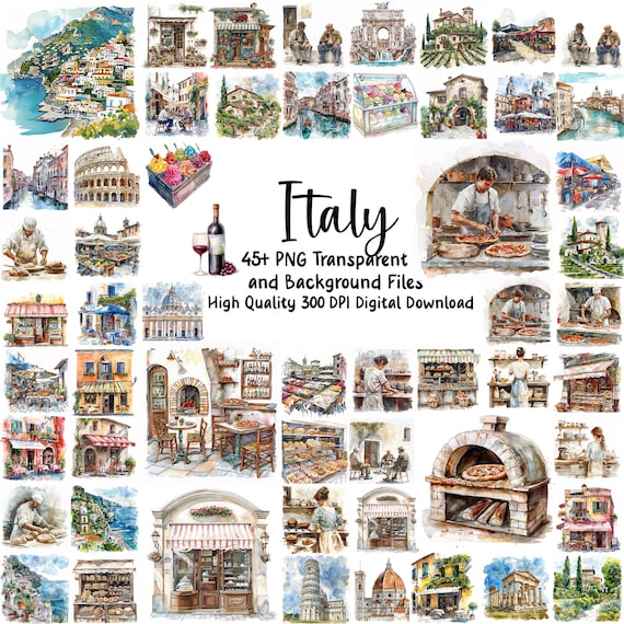 Watercolor Italy Clipart: Venice, Landmarks, Travel Illustrations (PNG Files, Digital Download)