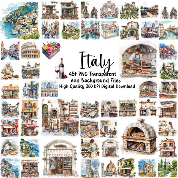 Watercolor Italy Clipart,  Venice Clipart, Italian Inspired Illustrations, Travel Clipart, Italy , Italian landmarks, PNG Files, Instant Dow