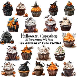 Cupcakes de Halloween extravagantes, invitaciones, arañas, fantasmas, dulces, gatos, brujas, decoración de otoño, tarjetas de felicitación, diario basura, imágenes de comida