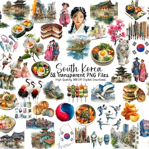 Puede incluir: Una colección de ilustraciones en acuarela que representan la cultura surcoreana. Las imágenes incluyen ropa tradicional coreana, comida, arquitectura y la bandera de Corea del Sur. El texto "South Korea 58 Transparent PNG Files" también es visible.