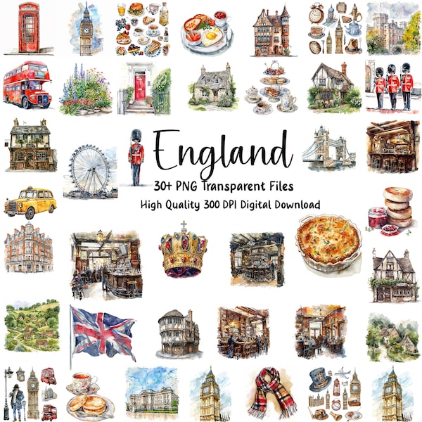 England Clipart Set - British Travel Graphics Pack, London Themed Digital Images, PNG, Commerical Use