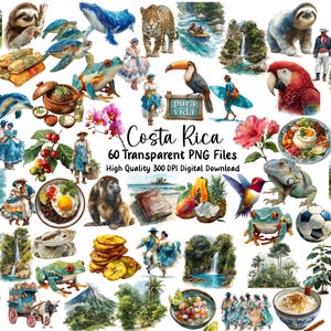 Watercolor Costa Rica Clipart: Rainforest Animals & Plants (PNG Images, Digital Download)
