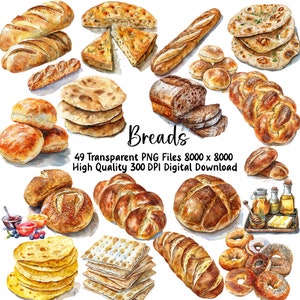 Clipart de pão aquarela, pacote de clipart de pão artesiano, clipart de padaria – 52 arquivos PNG, uso comercial, download instantâneo