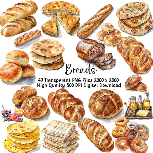 Watercolor Bread Clipart,  Artesian Bread Clipart Bundle,  Bakery Clipart – 52 PNG Files, Commerical Use, Instant Download