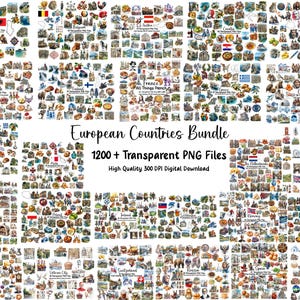 ヨーロッパ諸国のクリップアートバンドル | 26カ国の旅行ランドマークと文化PNGセット | 地図 | 世界地理