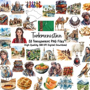 Turkmenistan Clipart Bundle | Akvarell turkmenisk kultur, landmärken, människor, mat, djur