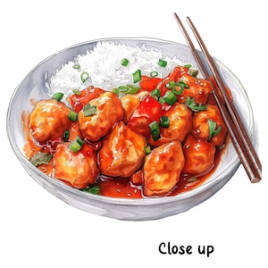 Puede incluir: Una ilustraci&oacute;n acuarela de un bol de pollo agridulce con arroz blanco y palillos. El pollo est&aacute; en una salsa roja espesa con cebollas verdes y pimientos rojos.
