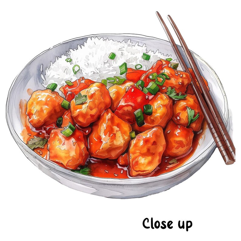 Puede incluir: Una ilustraci&oacute;n acuarela de un bol de pollo agridulce con arroz blanco y palillos. El pollo est&aacute; en una salsa roja espesa con cebollas verdes y pimientos rojos.