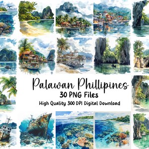 Palawan Philippines Clipart, Tropical Islands, voyage Clipart, Invitations, carnets indésirables, cartes de voeux, clipart en téléchargement numérique
