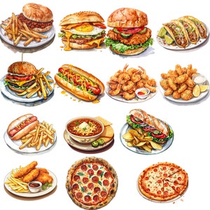 以下が含まれることがあります： 水彩画で描かれた様々な食べ物、ハンバーガー、ホットドッグ、ピザ、エビ、フライドチキンなど。食べ物は白い皿に盛り付けられ、白い背景に置かれています