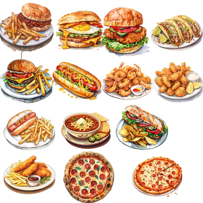 以下が含まれることがあります： 水彩画で描かれた様々な食べ物、ハンバーガー、ホットドッグ、ピザ、エビ、フライドチキンなど。食べ物は白い皿に盛り付けられ、白い背景に置かれています