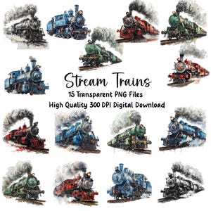 Clipart de trem a vapor em aquarela, PNG, trens, clipart de locomotiva a vapor, diários, álbum de recortes, uso comercial