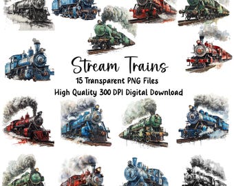 Watercolor Steam Train Clipart: Vintage Locomotive PNG (Digital Download)