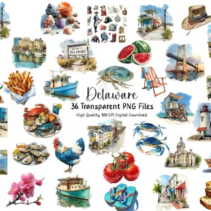 Peut inclure: Ensemble d'illustrations aquarelles sur le thème du Delaware, comprenant un crabe bleu, un phare, un bateau et des tranches de pastèque. Le texte "Delaware" et "36 fichiers PNG transparents" sont également visibles.