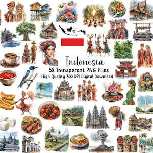 Puede incluir: Una colección de 58 archivos PNG transparentes con elementos culturales indonesios. Las ilustraciones en acuarela incluyen ropa tradicional, arquitectura, comida, animales y paisajes. La palabra "Indonesia" se muestra con el texto "58 Transparent PNG Files High Quality 300 DPI Digital Download."