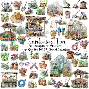 Enorme set di clipart da giardinaggio, giardinaggio ad acquerello, serre, verdure, PNG, pale, rastrelli, fiori, vasi, carriola, uso commerciale